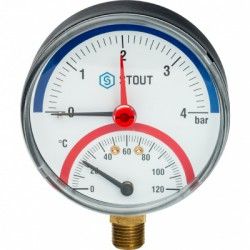 Купить Stout Термоманометр радиальный в комплекте с автоматическим запорным клапаном ф80-10-1/2" в Москве / Манометры и термометры