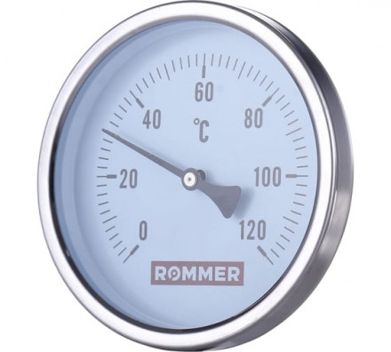 Rommer Термометр биметаллический с погружной гильзой. Корпус Dn 63 мм, гильза 50 мм 1/2 , 0...120°С